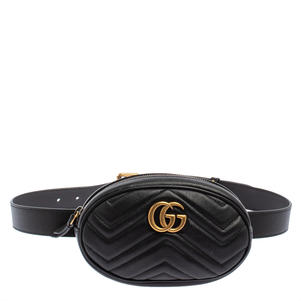 Pre-owned Gucci Black Matelasse Leather Gg Marmont Belt Bag