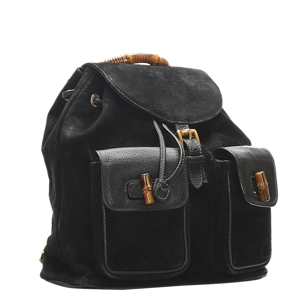 

Gucci Black Suede Bamboo Drawstring Backpack