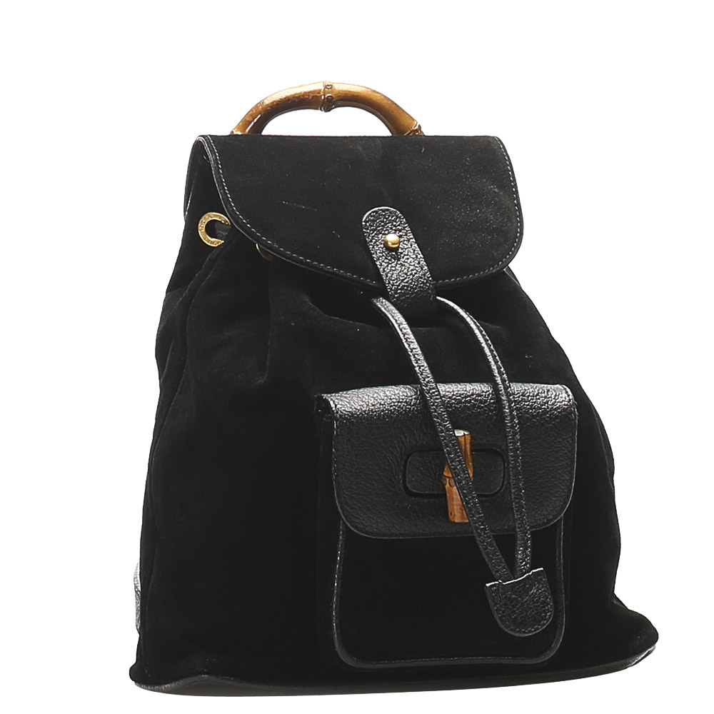 

Gucci Black Suede Bamboo Drawstring Backpack