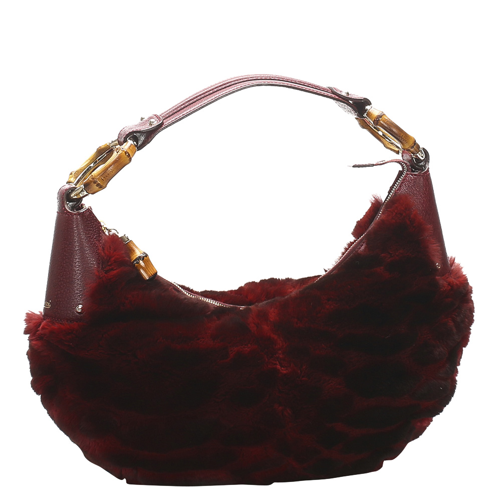 

Gucci Red Leather Fur Bamboo Shoulder Bag