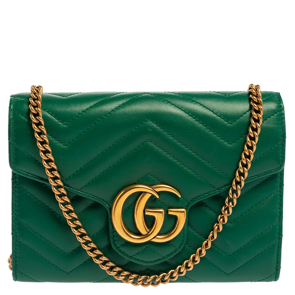 Pre-owned Gucci Green Matelasse Leather Mini Gg Marmont Crossbody Bag