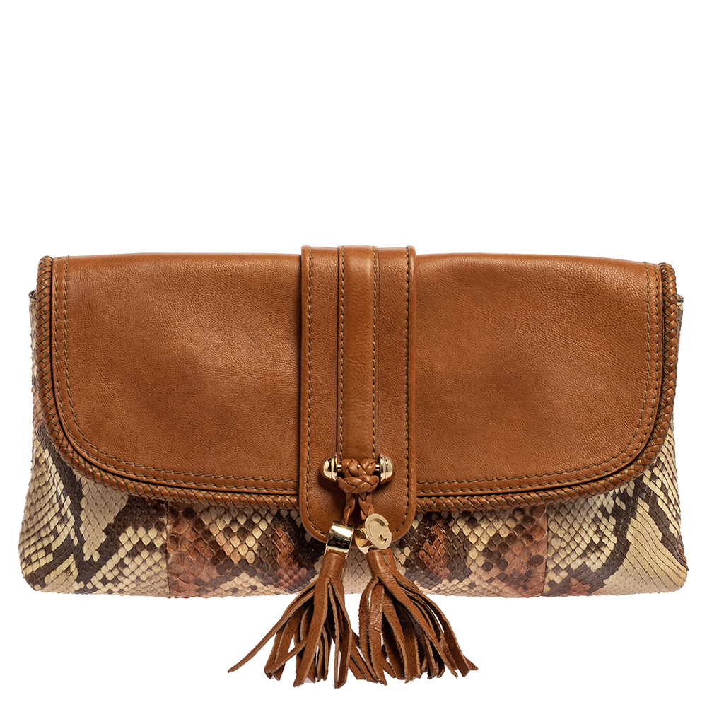 Pre-owned Gucci Tan Leather And Python Marrakech Clutch