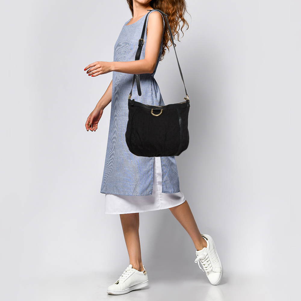 

Gucci Black GG Canvas and Leather D Ring Hobo
