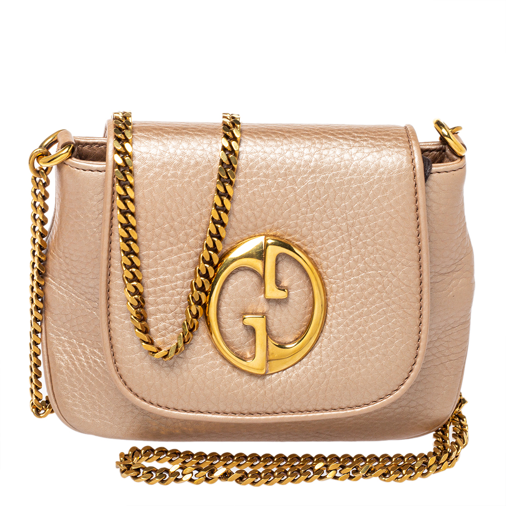 Pre-owned Gucci Metallic Beige Leather Small Logo Detail Chain Link Crossbody Bag