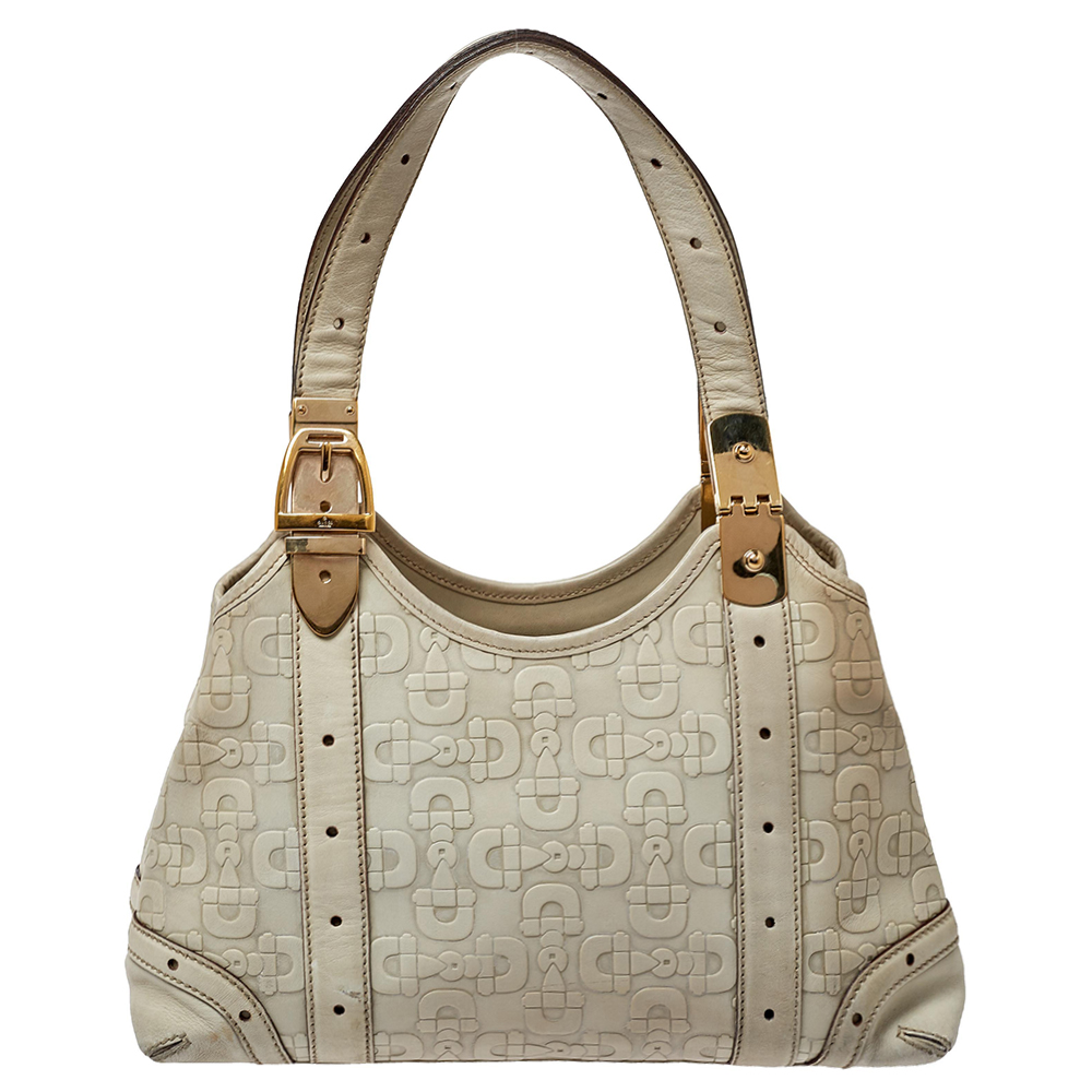 Pre-owned Gucci White Leather Horsebit Embossed Tote