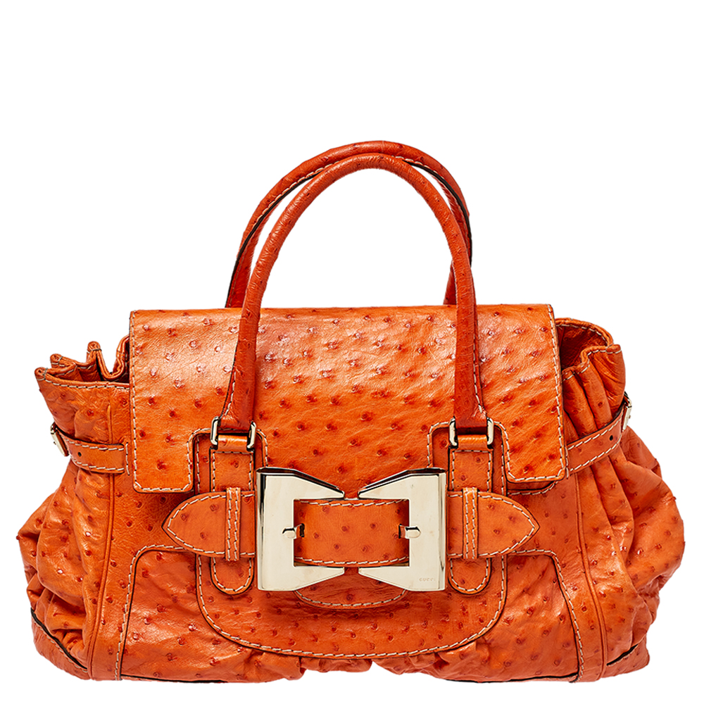 Pre-owned Gucci Orange Ostrich Large Queen Satchel