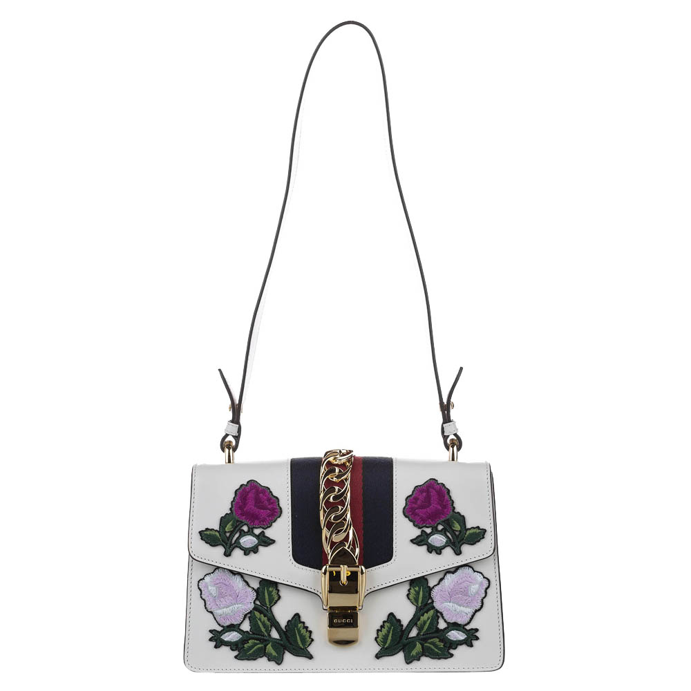 Pre-owned Gucci White Leather Embroidered Sylvie Bag In Multicolor