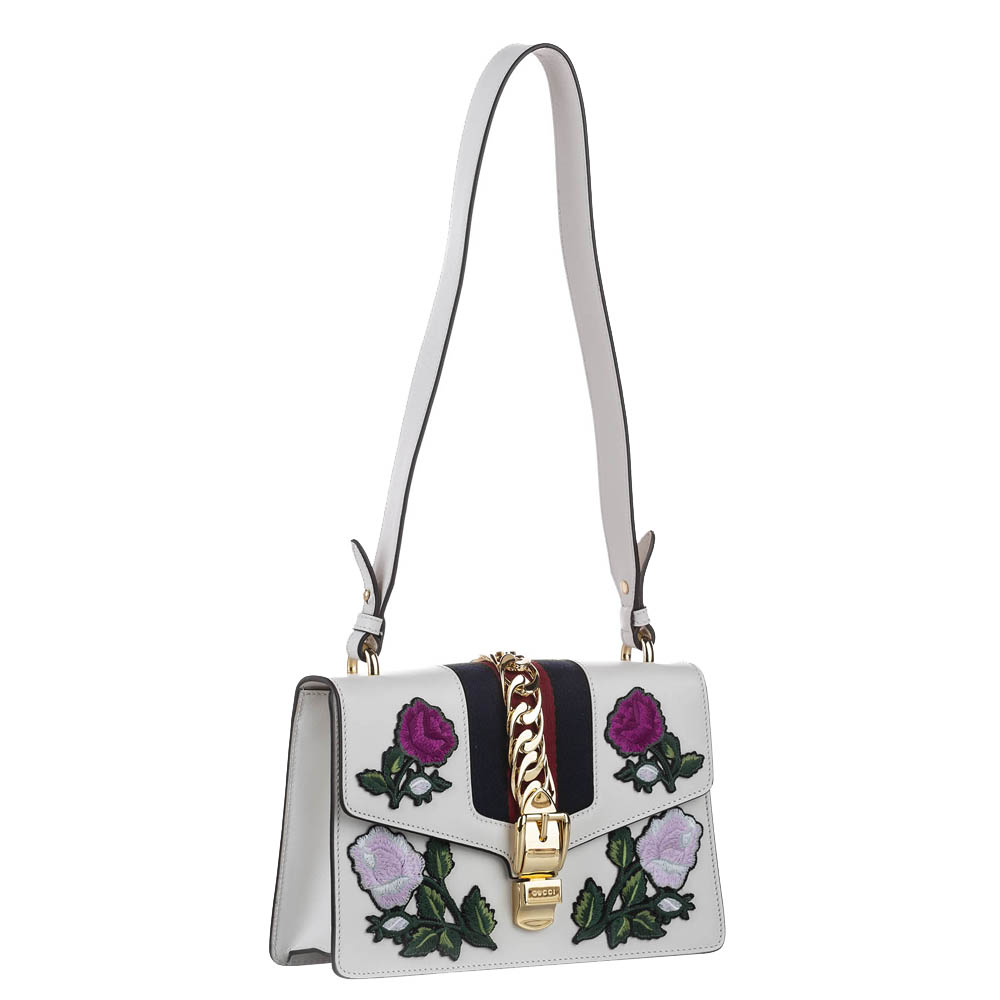 

Gucci White Leather Embroidered Sylvie Bag, Multicolor