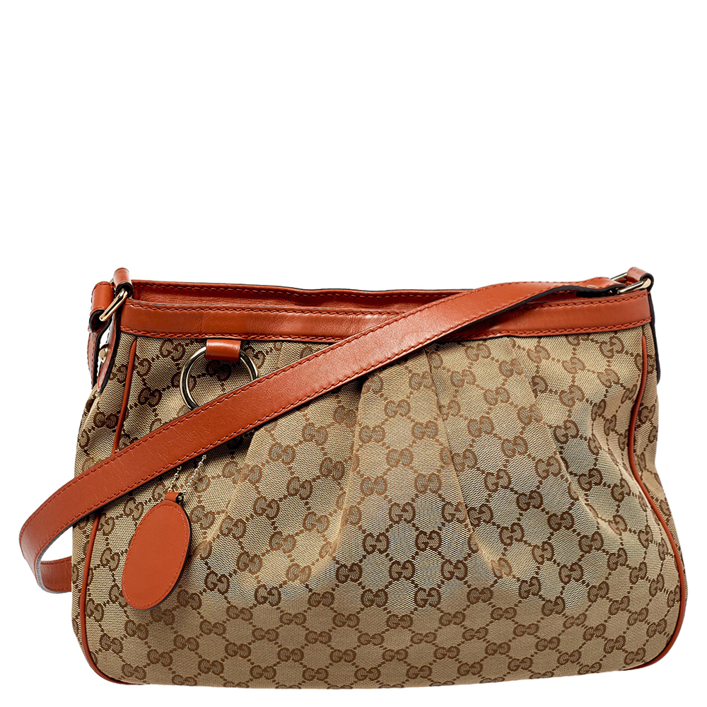Pre-owned Gucci Beige/orange Gg Canvas And Leather Medium Sukey Messenger Bag