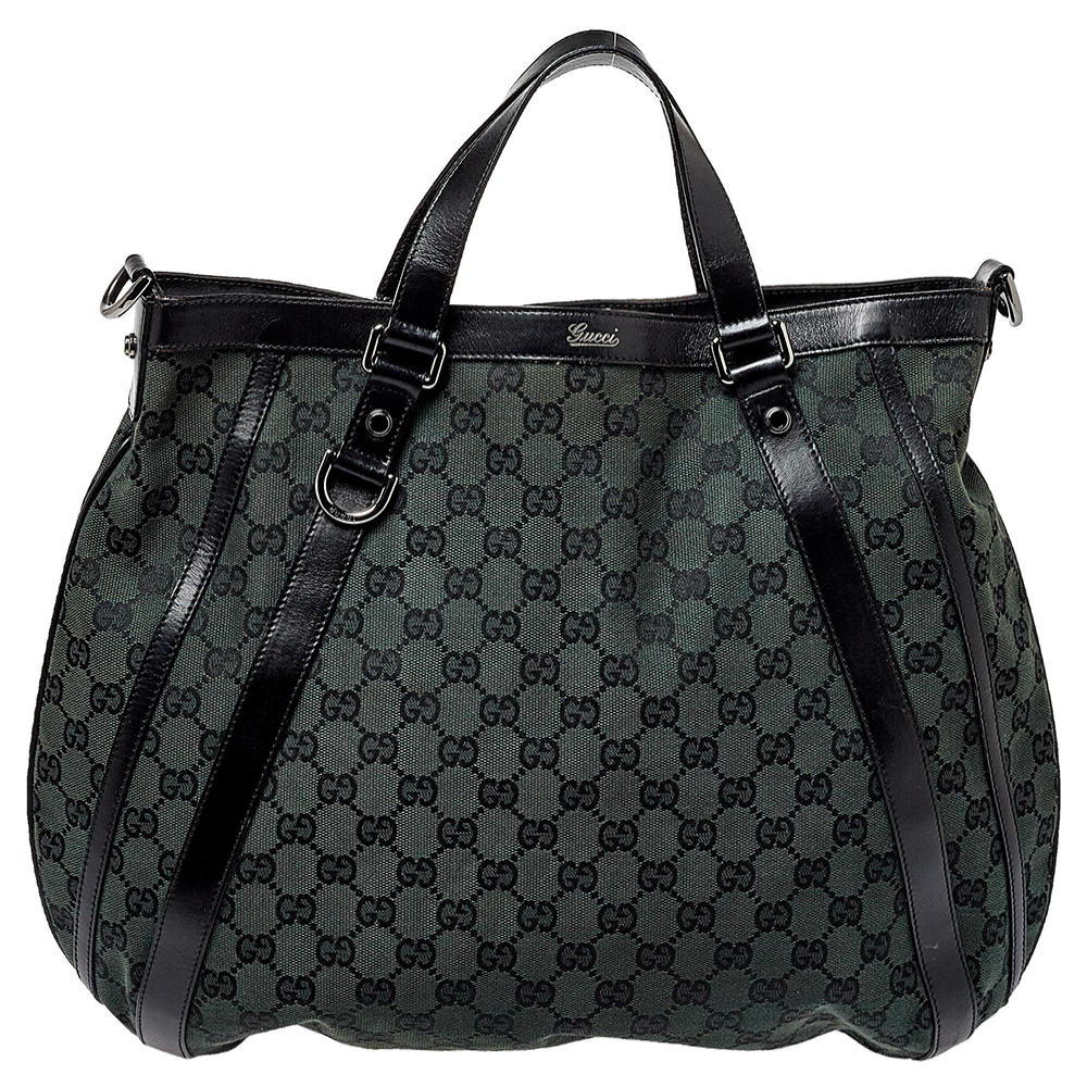 Pre-owned Gucci Green/black Gg Canvas And Leather Abbey Convertible Hobo