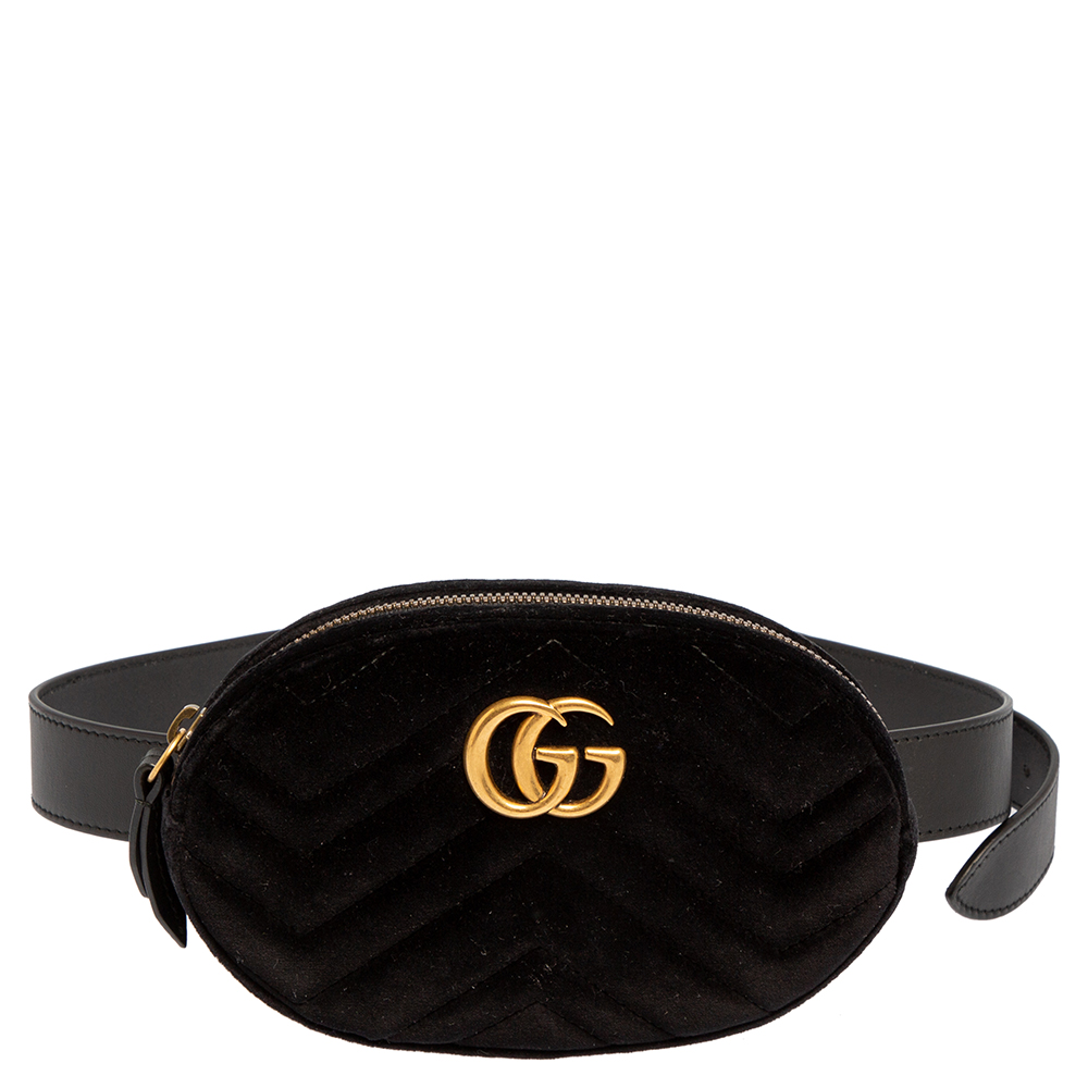 Pre-owned Gucci Black Matelasse Velvet Gg Marmont Belt Bag