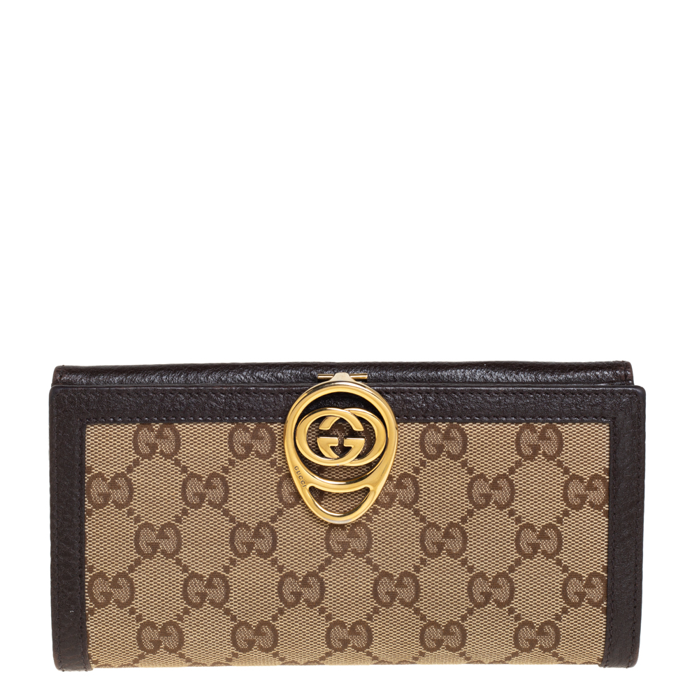 Pre-owned Gucci Beige/brown Gg Canvas And Leather Interlocking Gg Continental Wallet