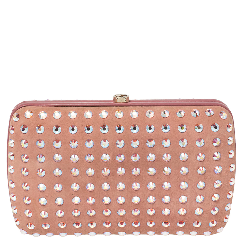 Pre-owned Gucci Pink Suede Crystal Embellished Broadway Clutch