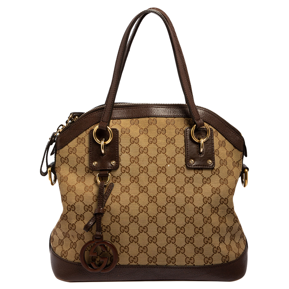 Pre-owned Gucci Brown/beige Gg Canvas And Leather Charm Dome Satchel