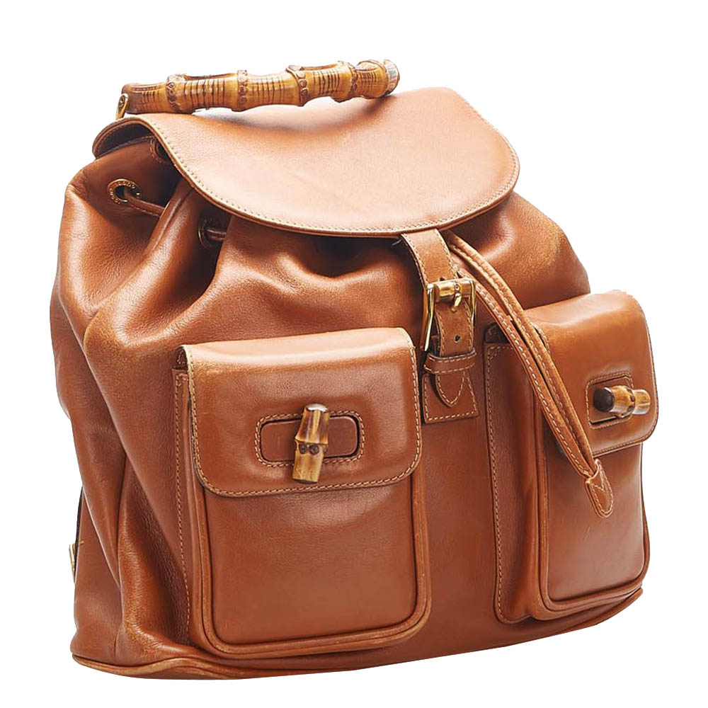 

Gucci Brown Leather Bamboo Drawstring Backpack