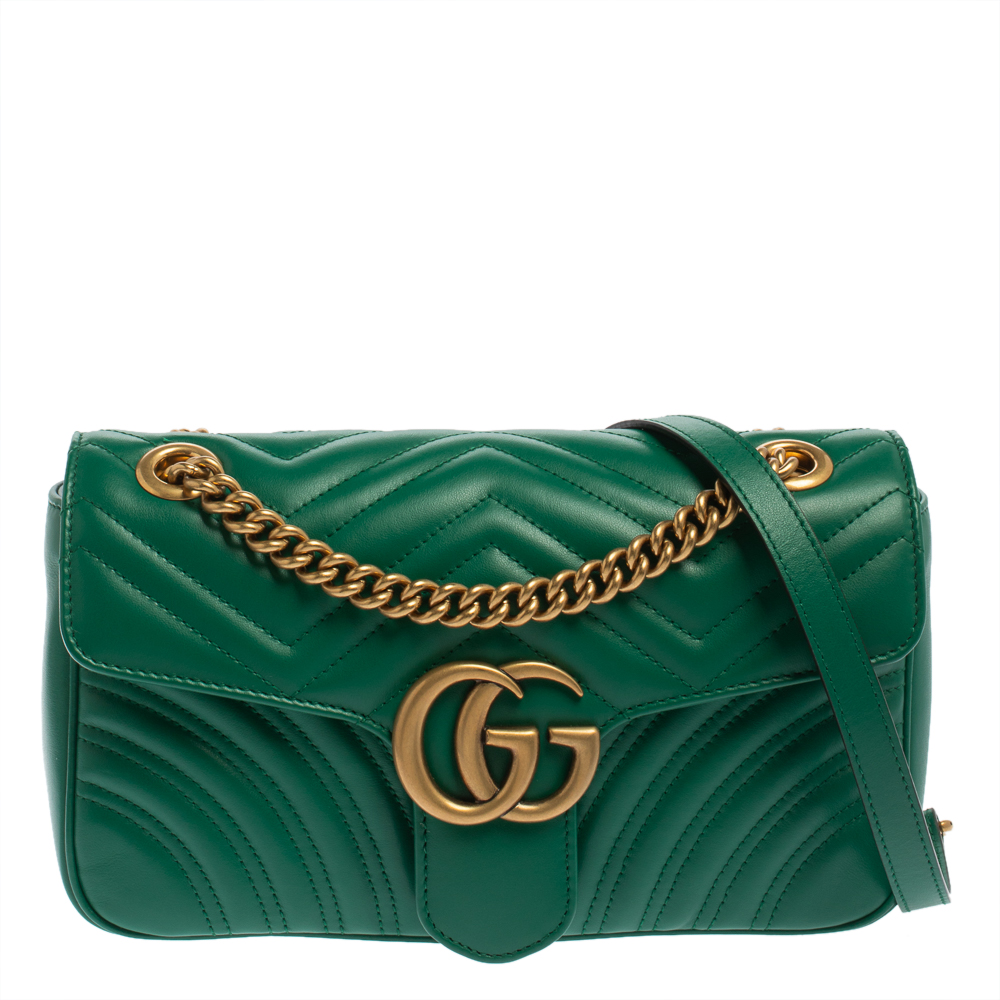 Pre-owned Gucci Green Matelasse Leather Small Gg Marmont Shoulder Bag