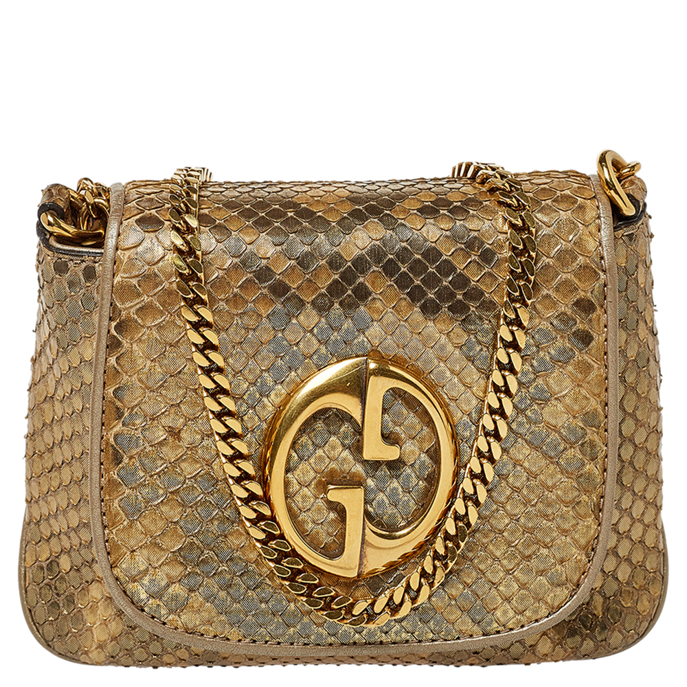 Pre-owned Gucci Metallic Gold Python Gg Chain Shoulder Bag