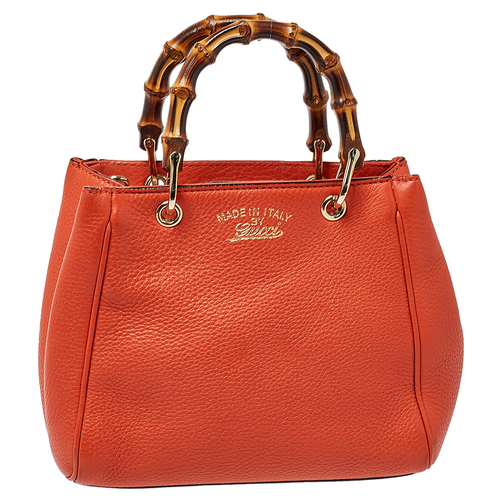 Pre-owned Gucci Orange Leather Bamboo Top Handle Shopper Tote