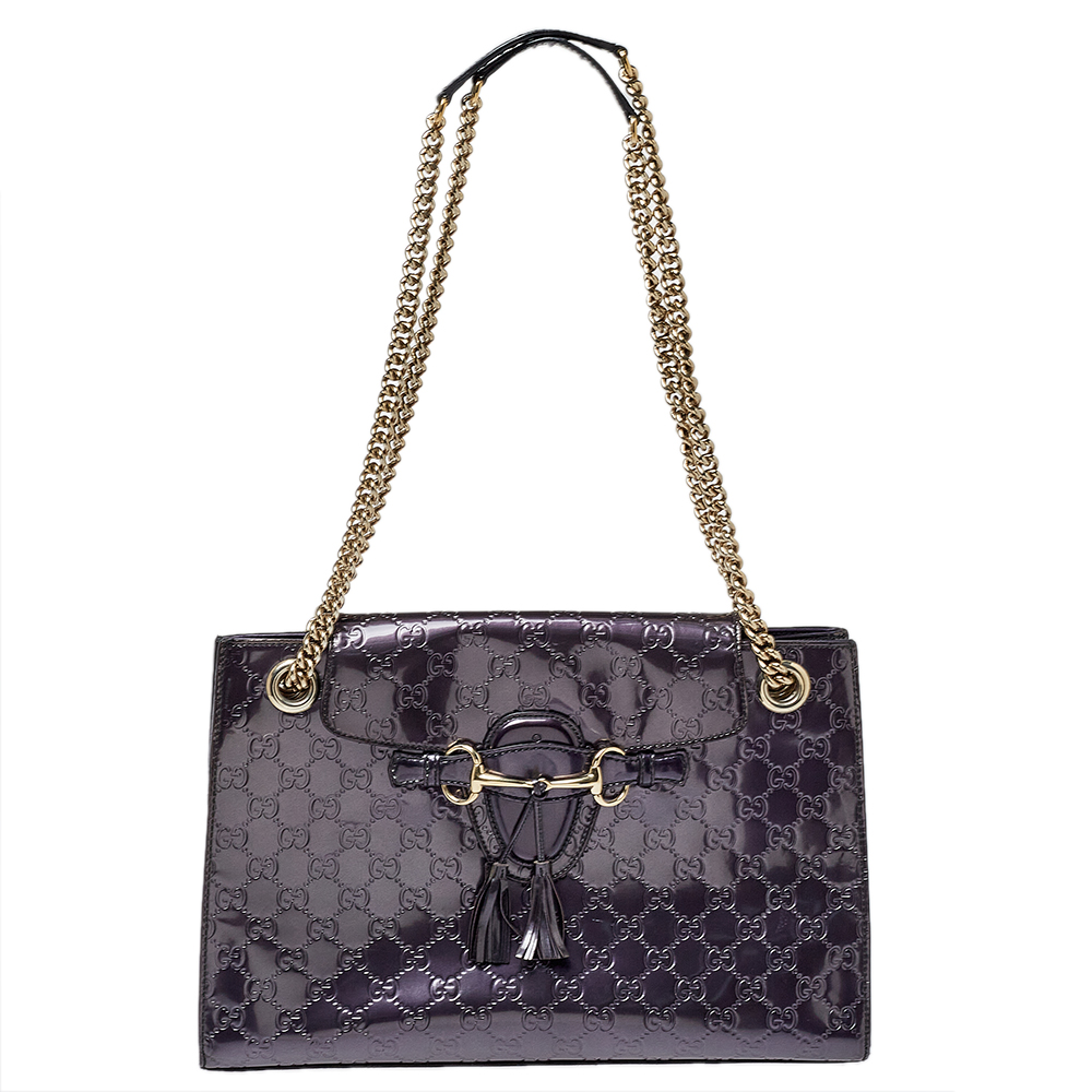 Pre-owned Gucci Ssima Patent Leather Large Emily Chain Shoulder Bag In Purple