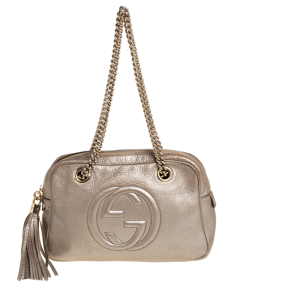 Pre-owned Gucci Metallic Beige Leather Medium Soho Chain Shoulder Bag