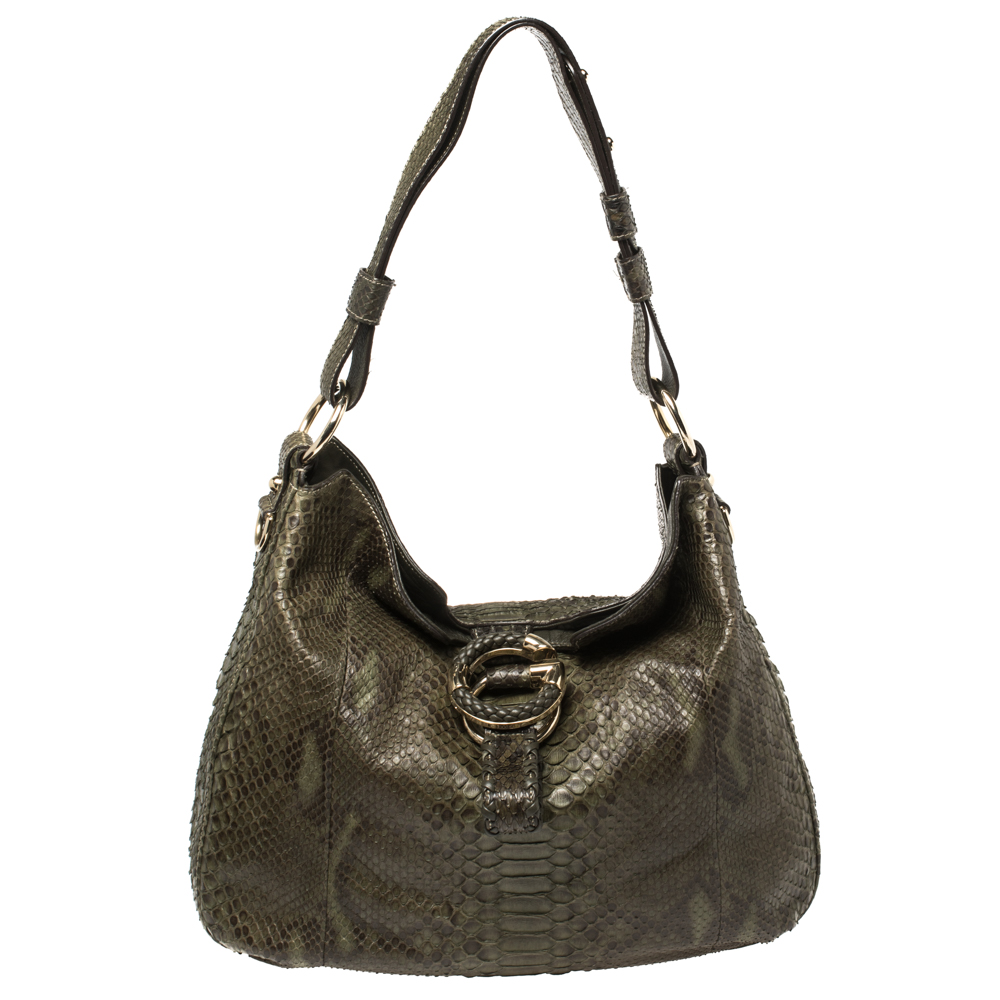 Pre-owned Gucci Green Python Large Wave Hobo