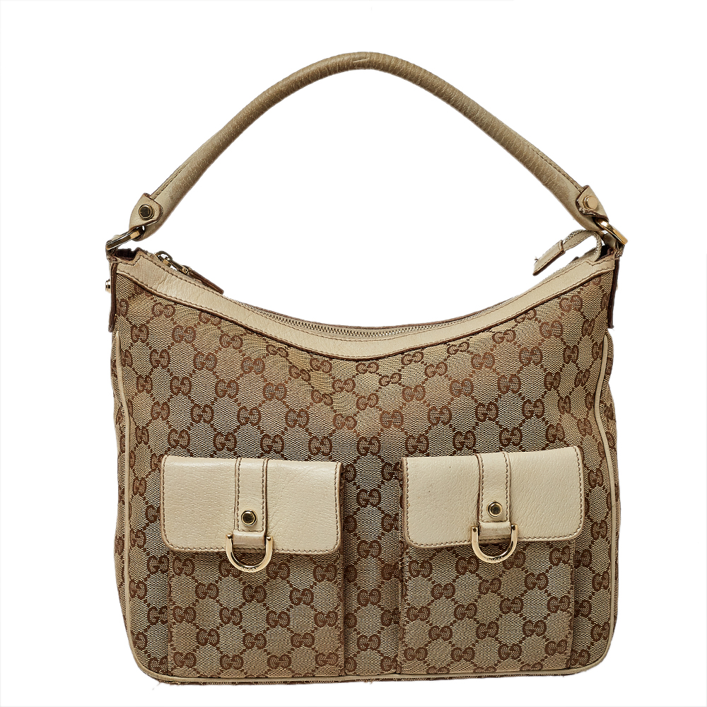 Pre-owned Gucci Beige Gg Canvas And Leather Front Pocket Hobo