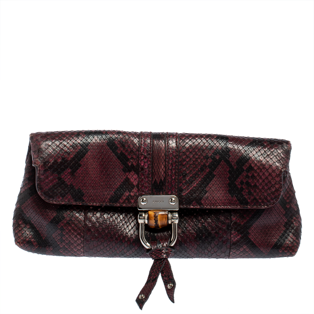 Pre-owned Gucci Purple/black Python Bamboo Croisette Clutch