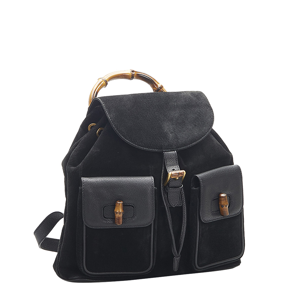 

Gucci Black Leather and Suede Bamboo Drawstring Backpack