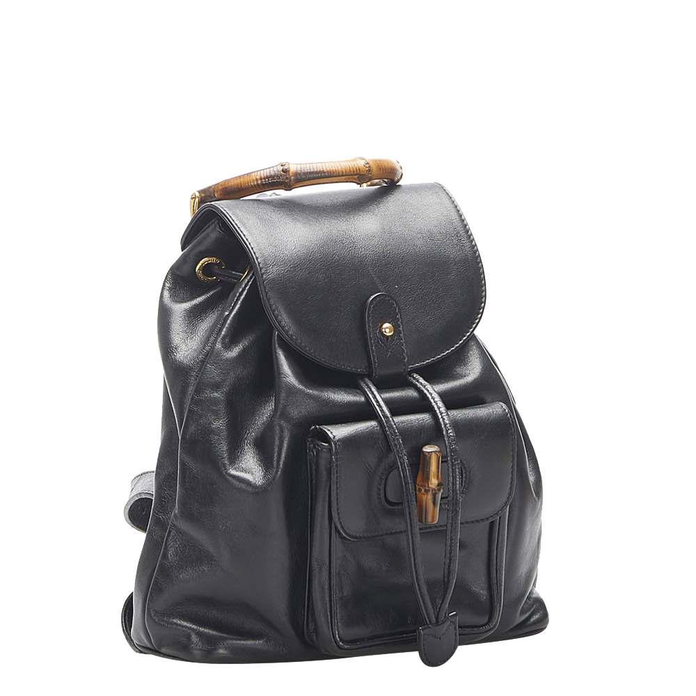 

Gucci Black Leather Bamboo Drawstring Backpack