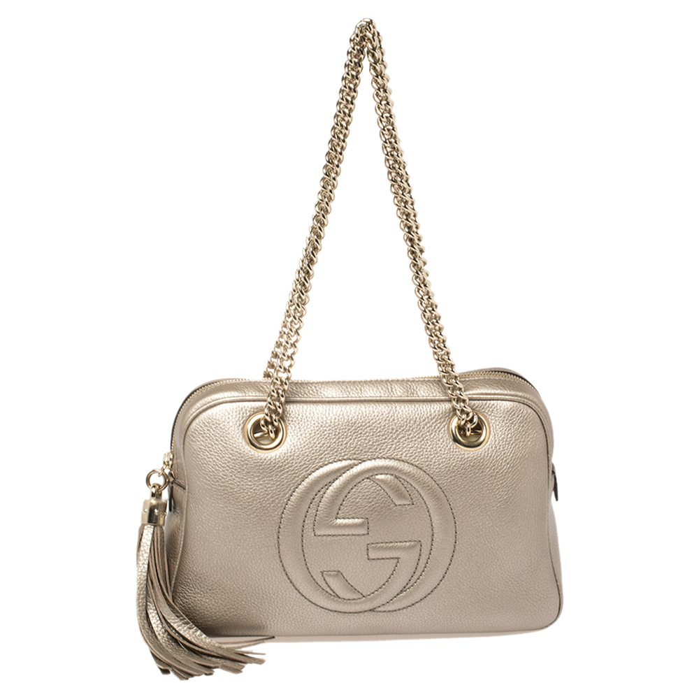 Pre-owned Gucci Metallic Beige Leather Small Soho Chain Shoulder Bag