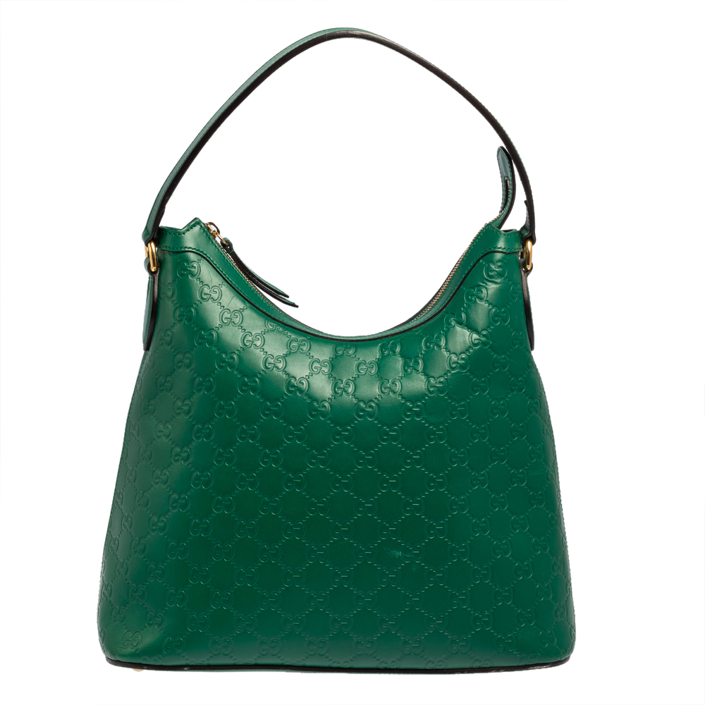 Pre-owned Gucci Ssima Leather Top Zip Hobo In Green