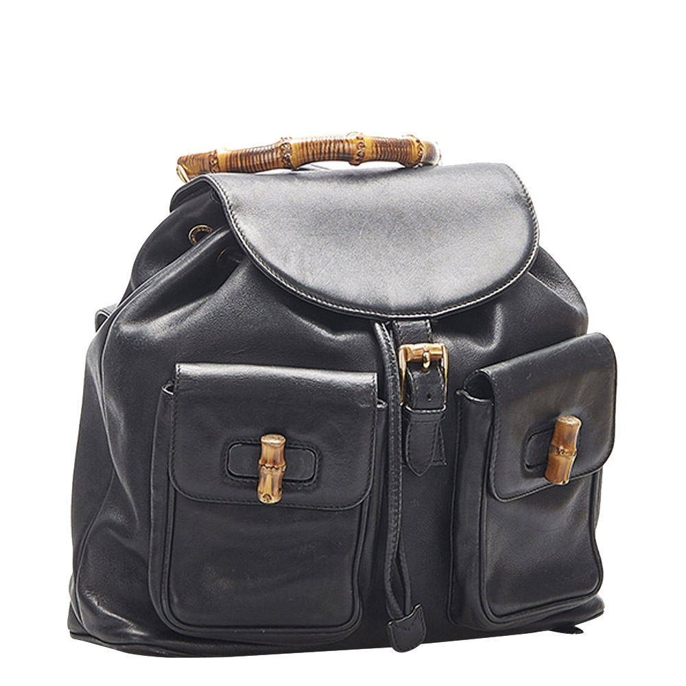 

Gucci Black Leather Bamboo Drawstring Backpack