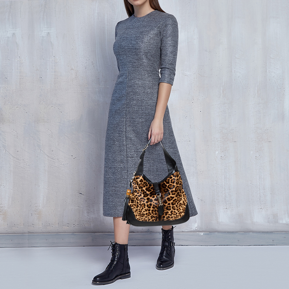 

Gucci Black/Brown Leopard Print and Leather Medium New Jackie Hobo