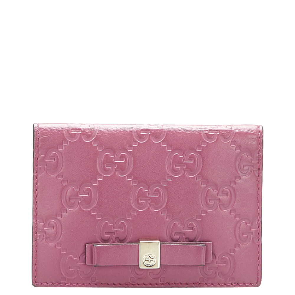 Pre-owned Gucci Ssima Leather Bow Card Holder In Pink