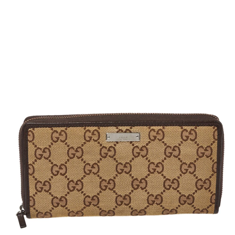 Pre-owned Gucci Beige/ebony Gg Canvas And Leather Zip Around Wallet