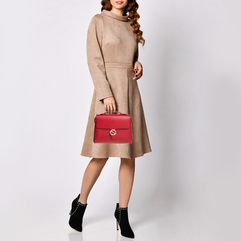 

Gucci Red Leather Dollar Interlocking G Top Handle Bag