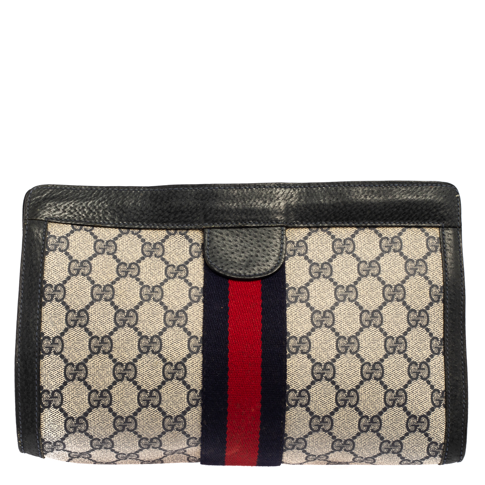 Pre-owned Gucci Navy Blue Gg Canvas And Leather Vintage Web Clutch