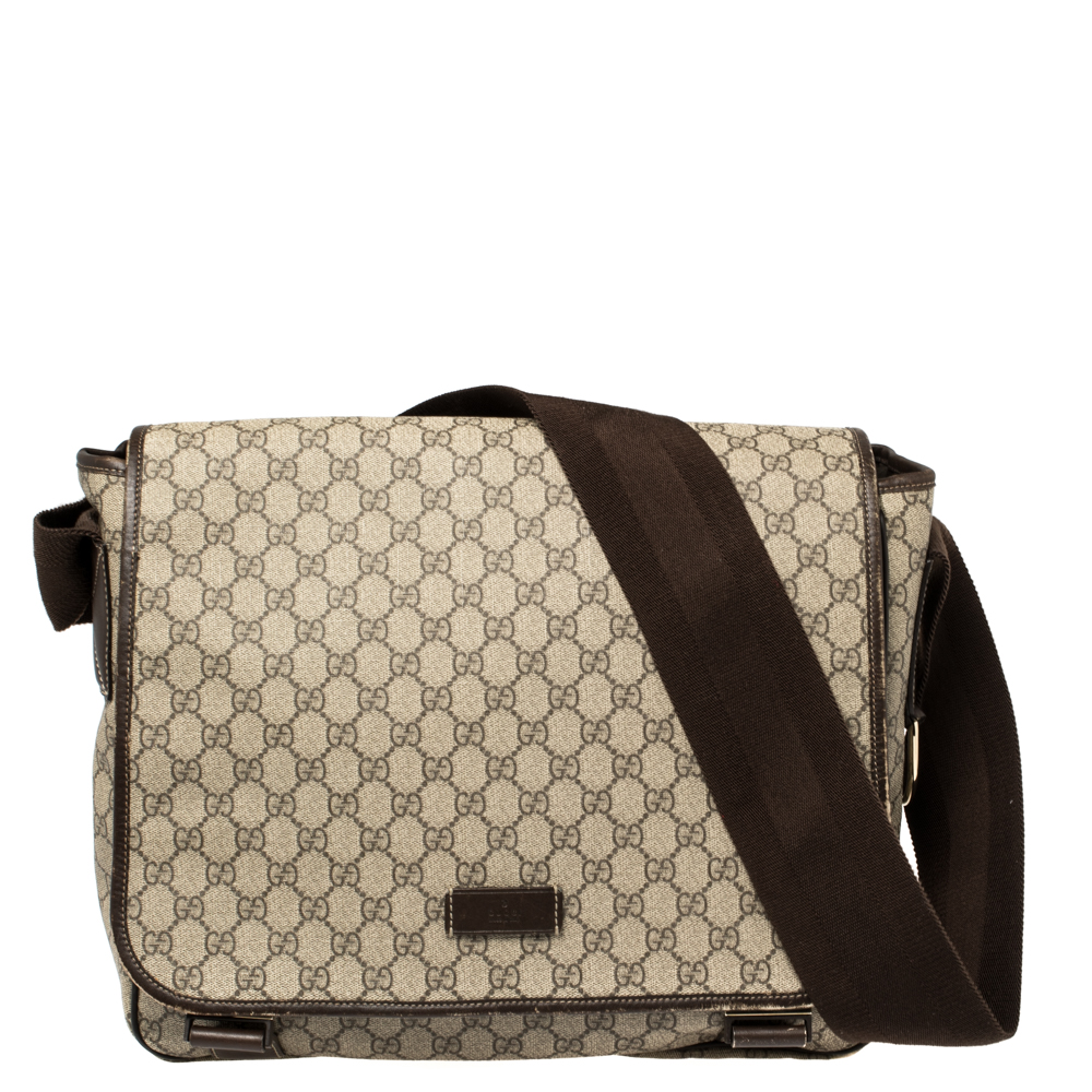 Pre-owned Gucci Beige/ebony Gg Supreme Canvas And Leather Messenger Diaper Bag