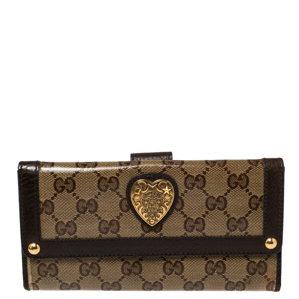 Pre-owned Gucci Beige/brown Gg Crystal Canvas And Leather Heart Bifold Continental Wallet