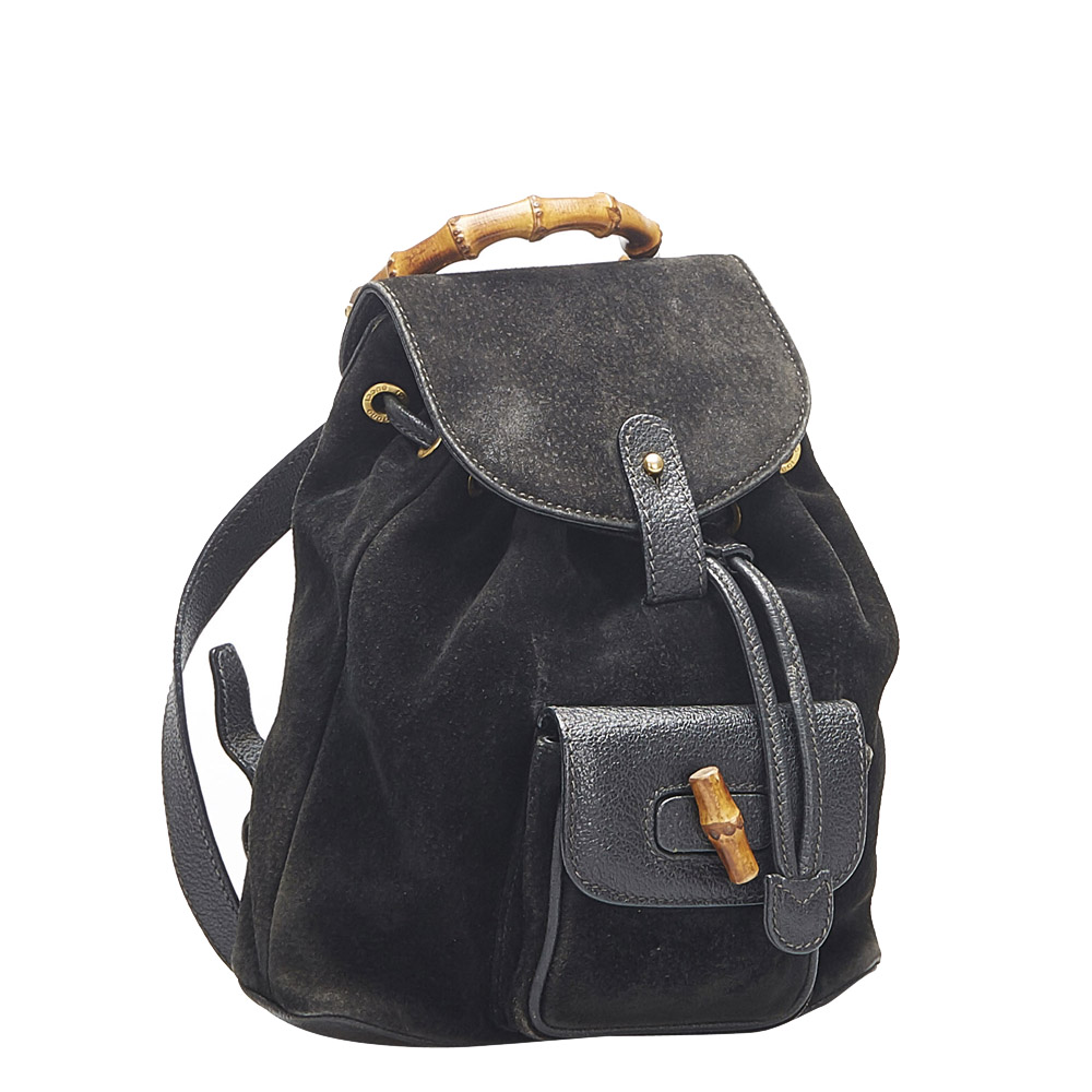 

Gucci Black Suede Bamboo Drawstring Backpack