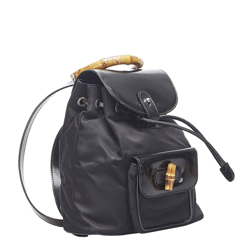 

Gucci Black Leather Bamboo Drawstring Backpack
