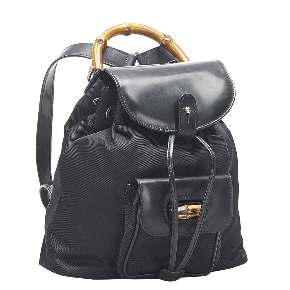 

Gucci Black Leather Bamboo Drawstring Backpack