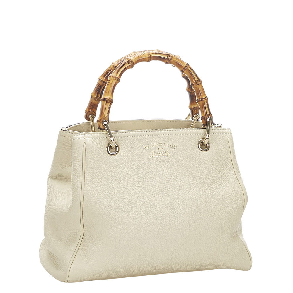 

Gucci White Leather Bamboo Shopper Satchel Bag