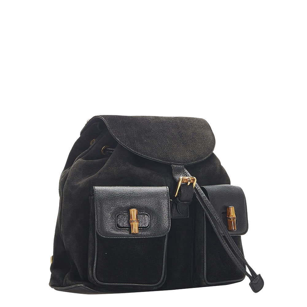 

Gucci Black Suede Bamboo Drawstring Backpack