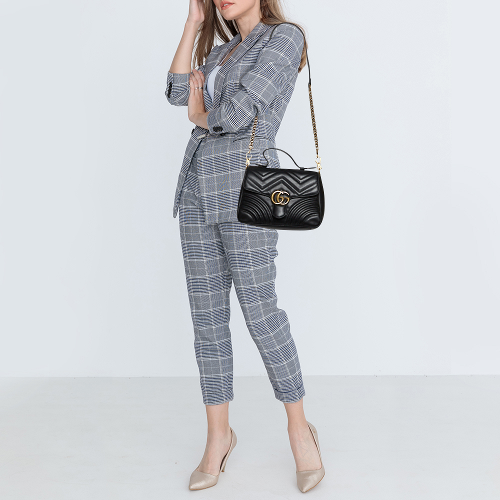 

Gucci Black Matelasse Leather Small GG Marmont Top Handle Bag