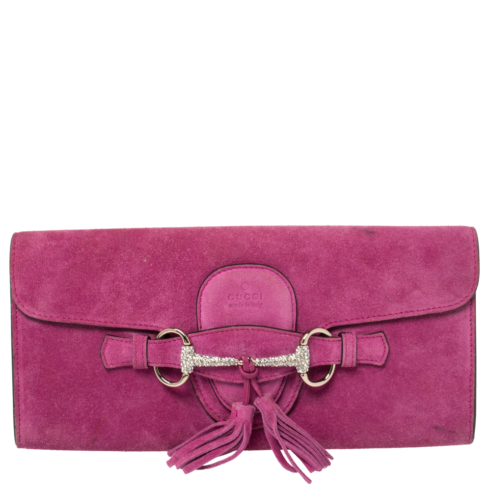 Pre-owned Gucci Fuchsia Suede Crystal Horsebit Broadway Clutch In Pink