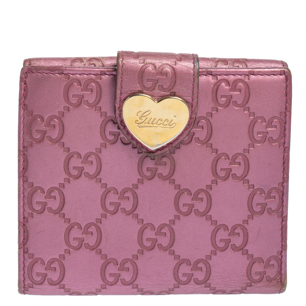 Pre-owned Gucci Ssima Leather Heart French Flap Wallet In Pink