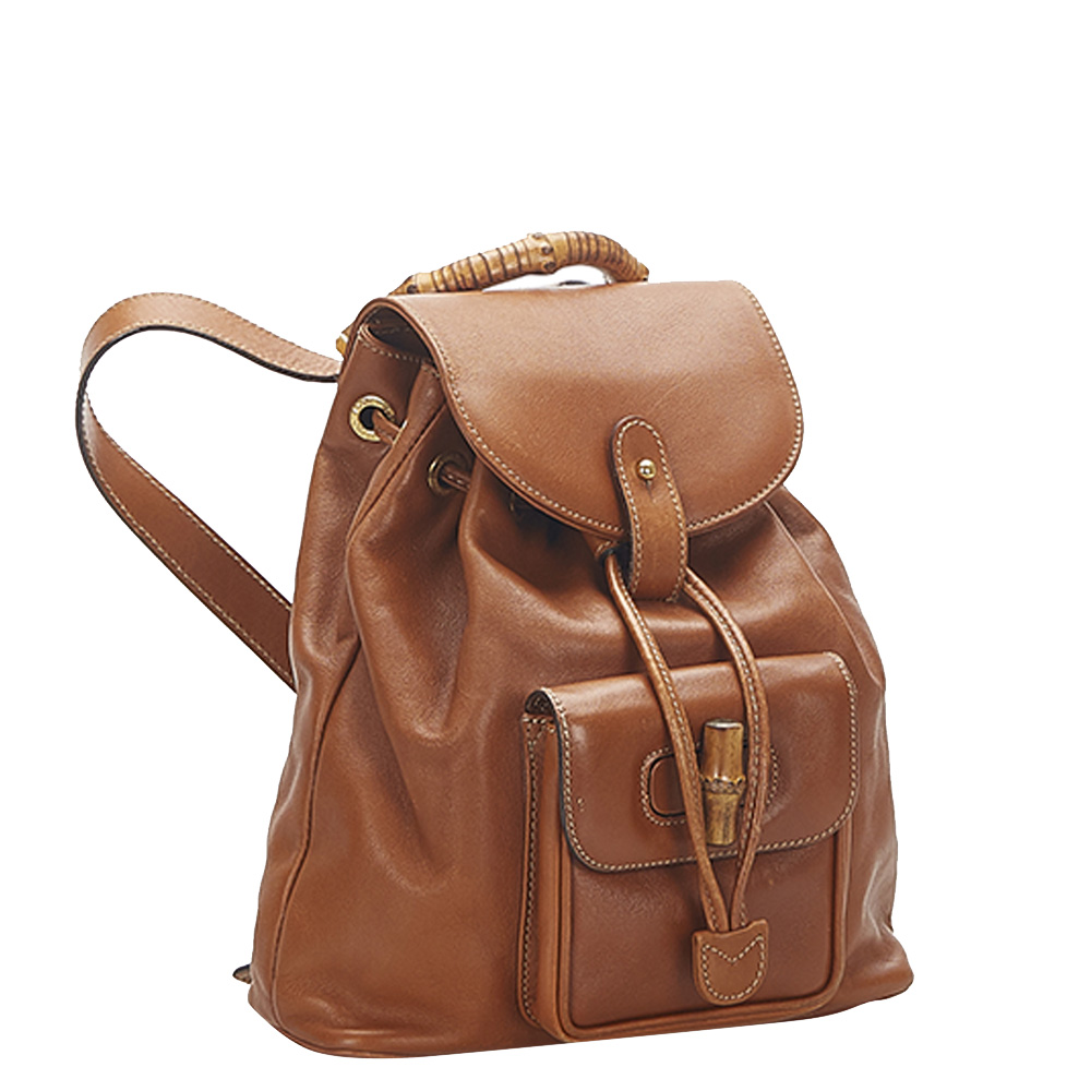 

Gucci Brown Leather Bamboo Drawstring Backpack
