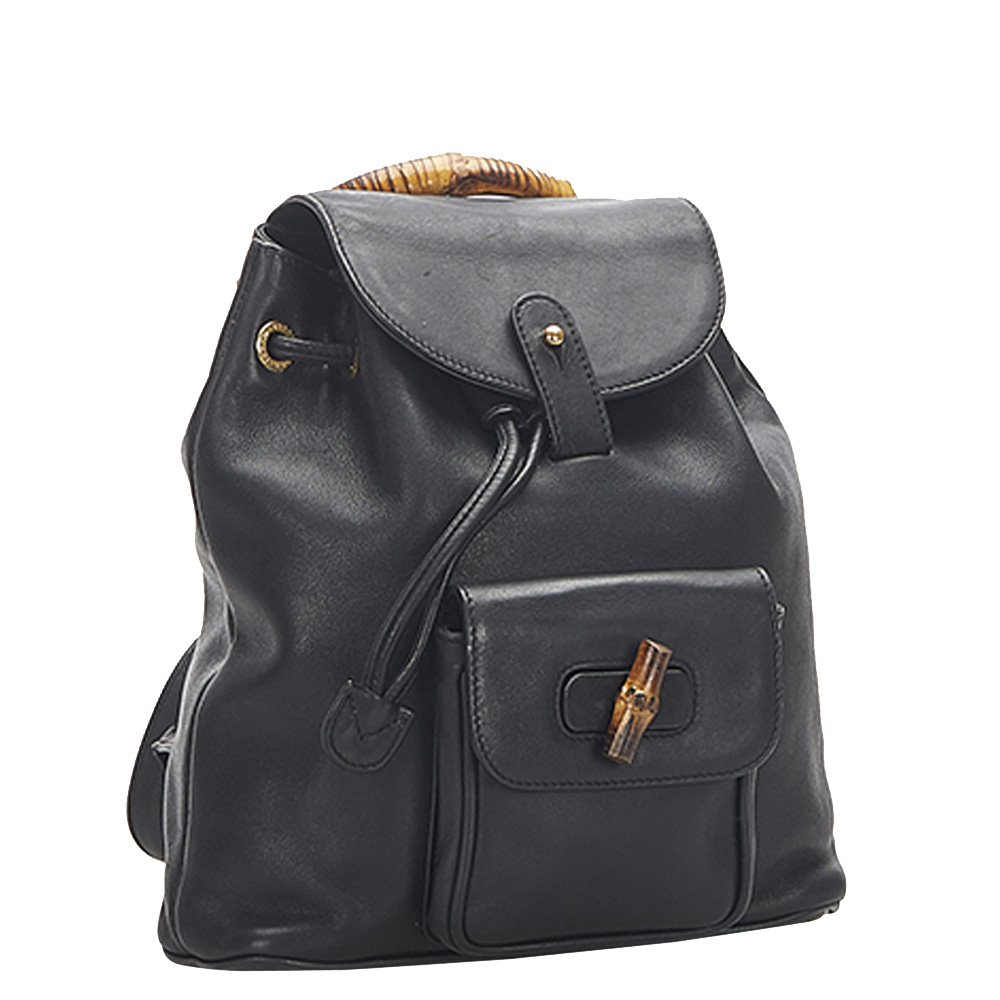 

Gucci Black Leather Bamboo Drawstring Backpack