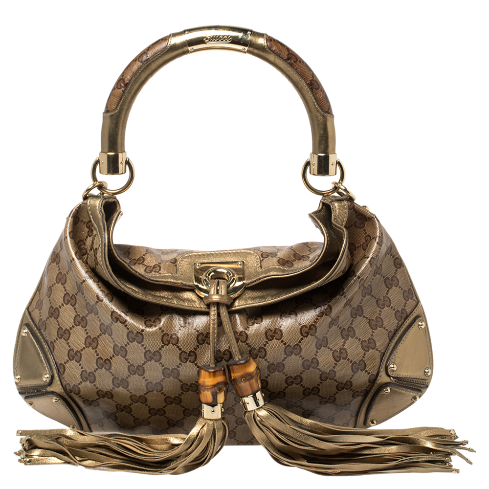 Pre-owned Gucci Beige/gold Gg Crystal Canvas And Leather Medium Babouska Indy Hobo